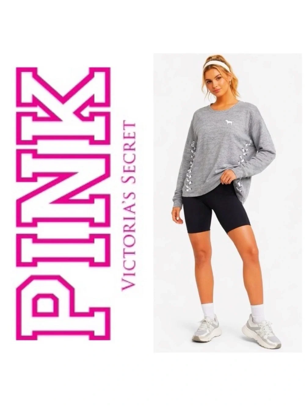 Victoria’s Secret PINK Grey Lace Up Sweatshirt - Picture 2 of 5